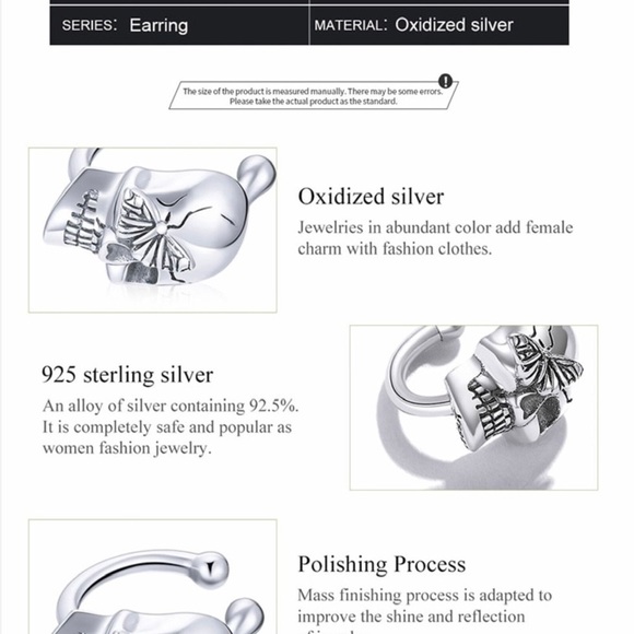 Single Accent Pure 925 Sterling Silver Fashion Skull Earring - Picture 2 of 6